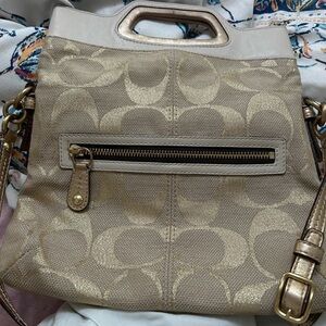 COACH CROSSBODY BAG Purse Signature Logo Shoulder Canvas Beige Trim